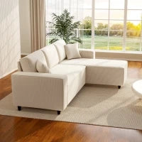 Divano con Penisola a 3 Posti in Tessuto Effetto Velluto, Schiuma e Nylon, 241x153x83 cm, Bianco Crema
