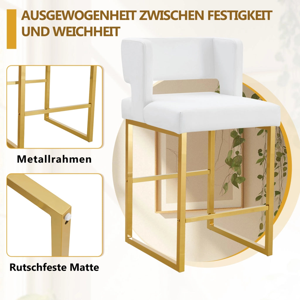 Sgabello da bar set da 2 con seduta imbottita quadrata e gambe in metallo dorato, in PU bianco 91,4 cm