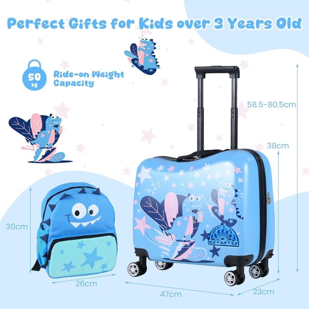 Set di Valigia Cavalcabile 18’’ + Zaino 12’’ per Bambini 2 Pezzi, Bagagli 2-in-1 di con Maniglia Telescopica e 4 Ruote, Trolley Bagaglio a Mano e Zaino per Bambini (Blu Dinosauro)