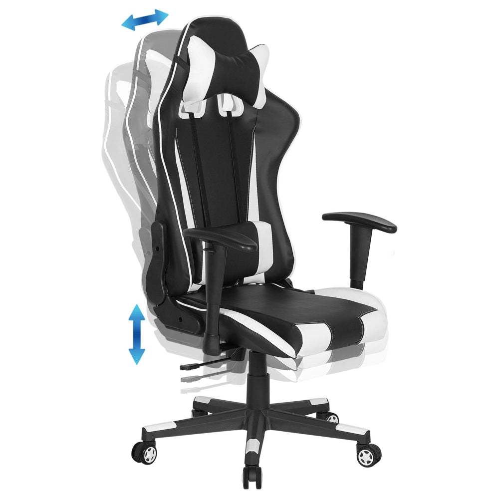 Sedia da gaming in ecopelle nera con braccioli reclinabili bianchi regolabili in altezza Supporto lombare poggiatesta Sedia da ufficio