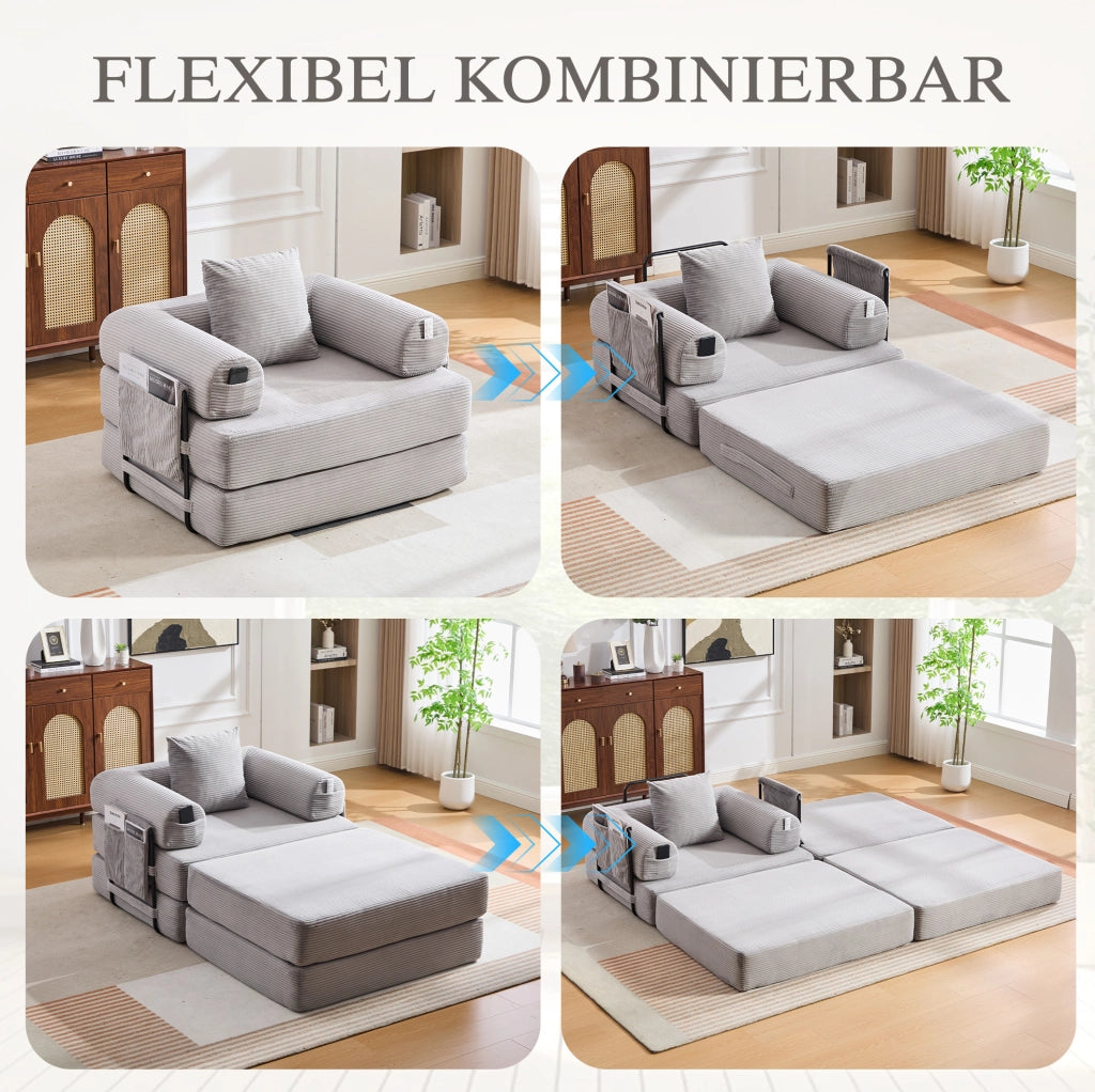 Divano modulare in velluto a coste con pouf grigio chiaro