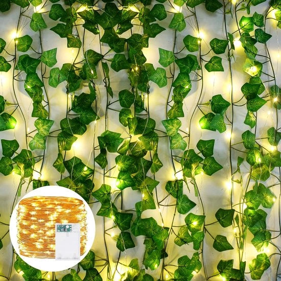 Guirlande di Finto Edera, 12 Pezzi di Piantine Artificiali con 100 Cavi di Luce LED per Interno, Guirlande di Finto Edera Appesa, Guirlande di Piantine Artificiali per Camera da Letto, Matrimonio, Decorazione di Parete