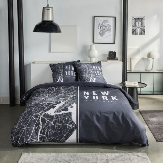 Completo letto - TODAY - JAVA - 2 persone - 240x220 cm - Cotone - Stampa New York - Nero