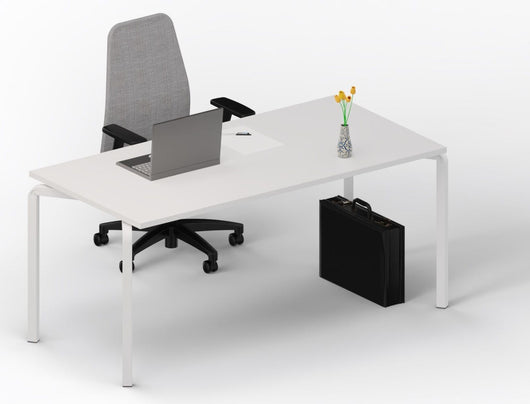 Composizione arredi operativi con scrivania moderna con struttura metallica, mobile con 2 ante battenti e poltroncina girevole