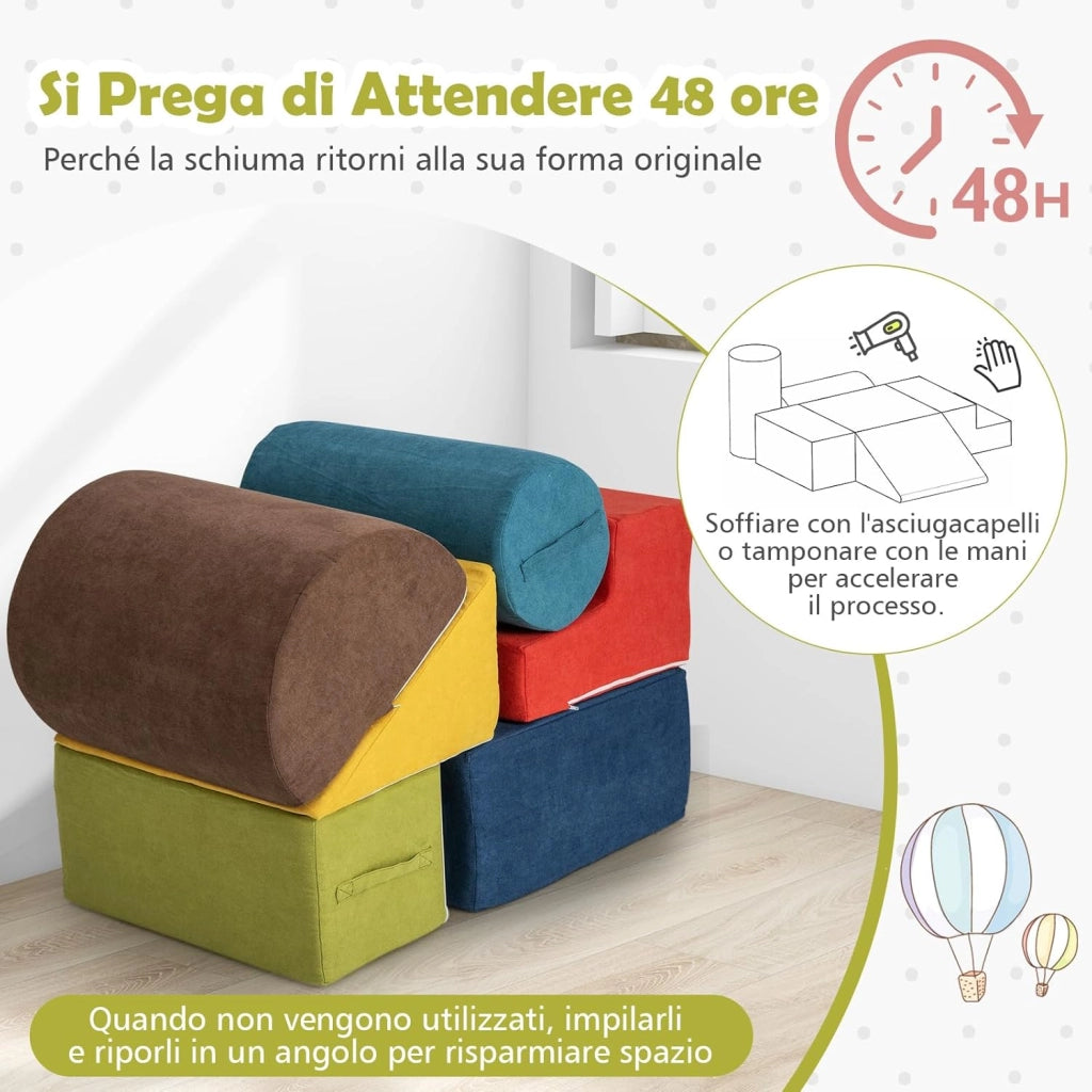 Set di 6 Blocchi di Arrampicata per Bambini, Set di Costruzioni Morbide con Tessuto Ciniglia, Mattoncini in Spugna ad Alta Densità con Maniglie, Ostacoli per Scalare per 1-3 Anni (Multicolore)