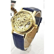 Trade Shop - Orologio Polso Zcc Uomo Automatico Cinturino Pelle Casual Blu Quadrante Dorato -