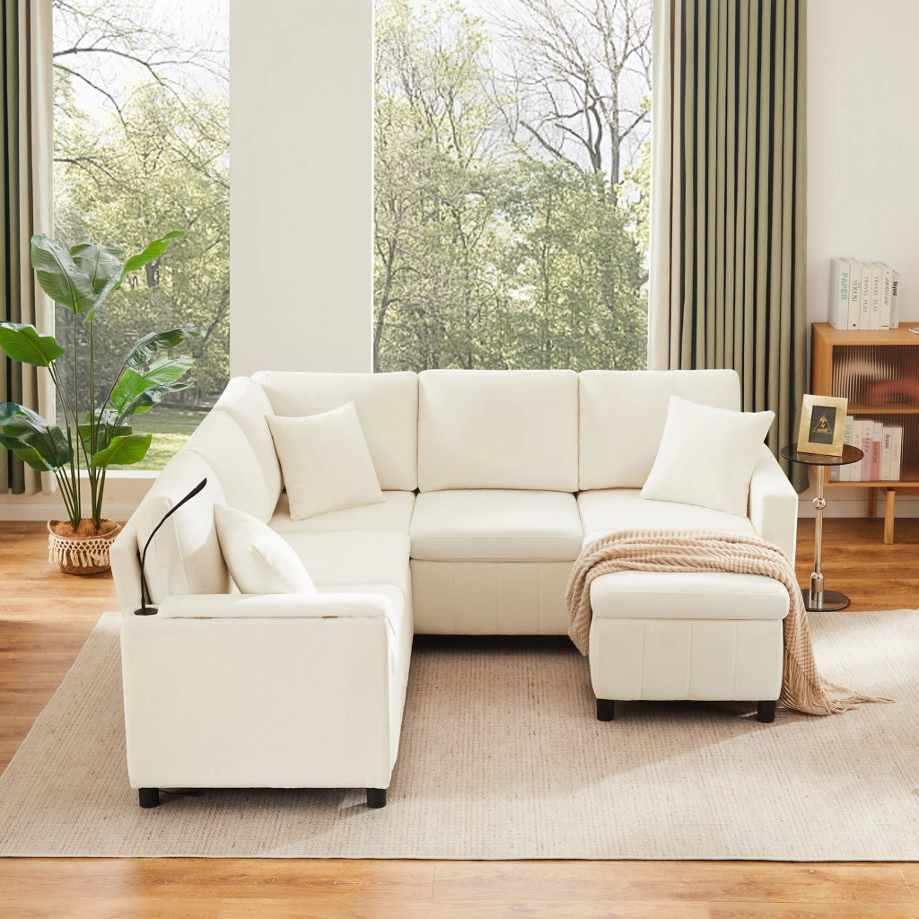 Divano angolare convertibile con letto estraibile, lampada da lettura e pouf contenitore in chenille beige 205 × 205 × 85 cm
