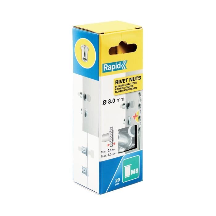Dadi a crimpare per viti 8mm - RAPID - M8 - Confezione da 20 pezzi + punta per trapano
