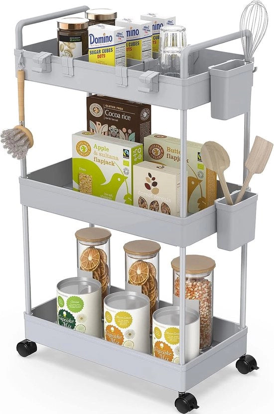 Carrello da cucina a tre livelli, trolley con 3 piani, vassoio con contenitore da appendere, divisore, ganci, ripiano su ruote per cucina, camera da letto, ufficio, grigio