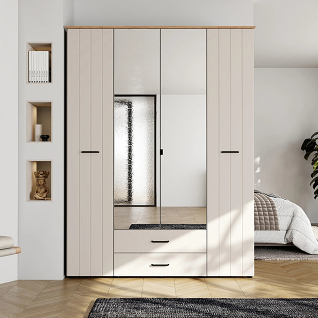 Armadio Camera da Letto Pokhar, Guardaroba Grande 2 Cassetti, 157x208h cm Bianco Crema
