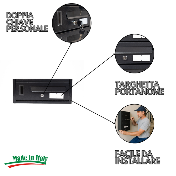 MOHOME Cassetta Postale Esterno Condominiale Antracite Componibile Modulare Orizzontale Ferro Pesante Vari Scompartimento Apertura Frontale Varie Dimensioni Interno Doppia Chiave Sicurezzac Scompartimenti: 4 Scompartimenti