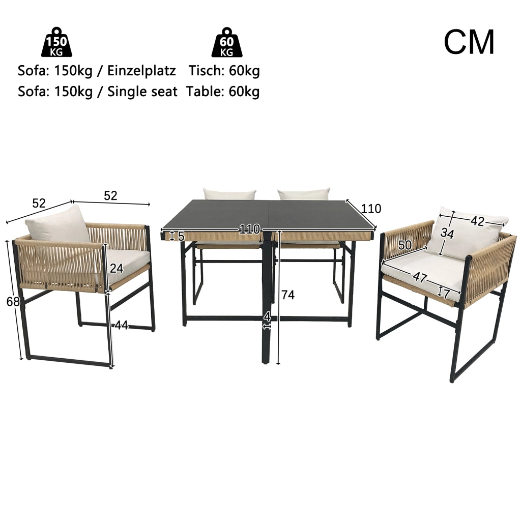 OKWISH Set Tavolo e Sedie da Giardino 5 Pezzi con 1 Tavolo e 4 Sedie Impilabili per 4 Persone, Ferro Beige