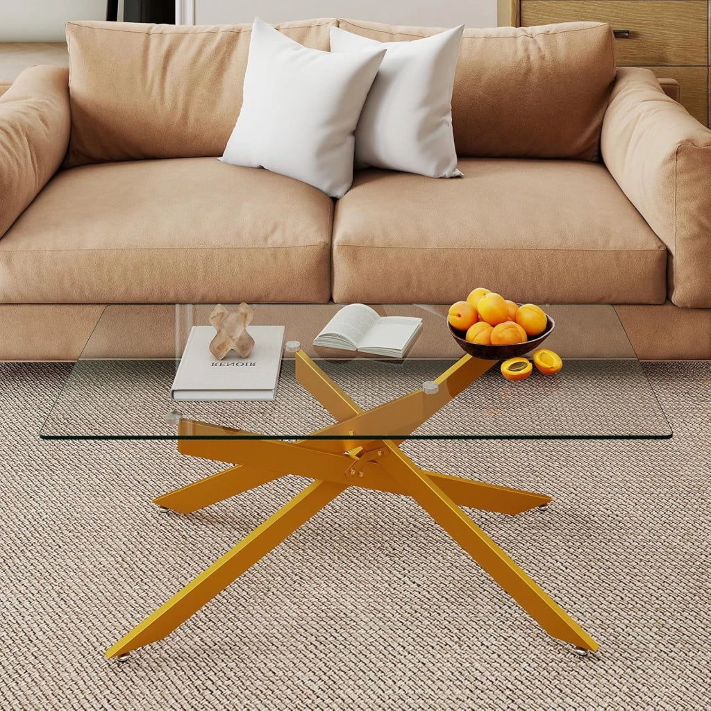 Tavolo da Caffè, Tavolino Salotto in Vetro Temperato con Gambe Incrociate in Metallo Placcato e Piedini Regolabili Antiscivolo, per Soggiorno e Ingresso, 120 x 60 x 45,5 cm (Oro)