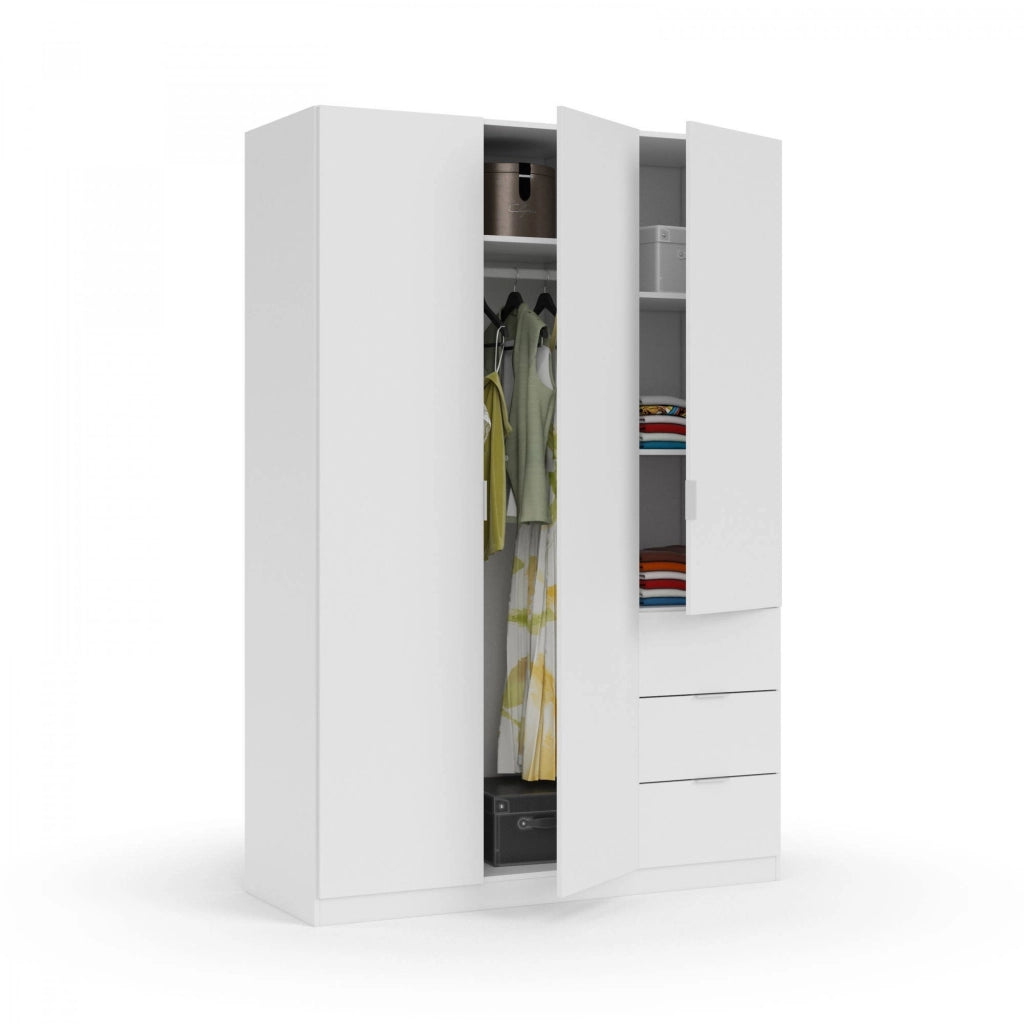 Guardaroba Ade, Armadio per camera da letto a 3 ante e 3 cassetti, Mobile con 3 ripiani e barra appendiabiti, cm 135x52h200, Bianco