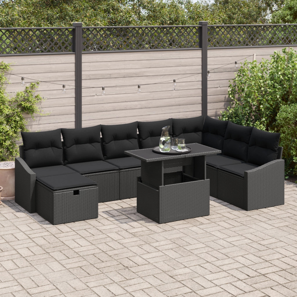 Set di divani da giardino 9 pezzi con cuscini Nero in rattan sintetico