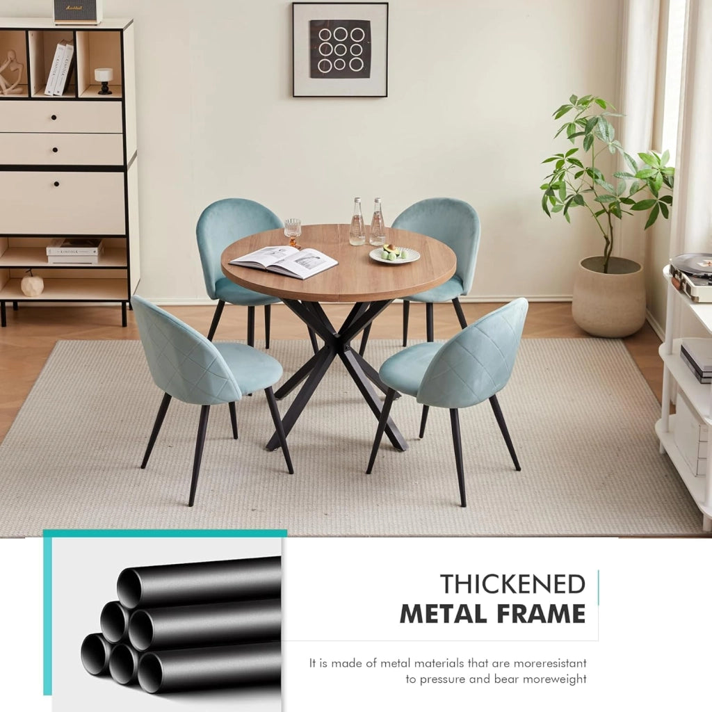 GrandCA HOME Set Tavolo e Sedie da Pranzo, Tavolo Rotondo da 100 cm e 4 Sedie in Velluto Nordico, Adatto a Soggiorno, Sala da Pranzo e Cucina (Venature in Legno Scuro + Verde)