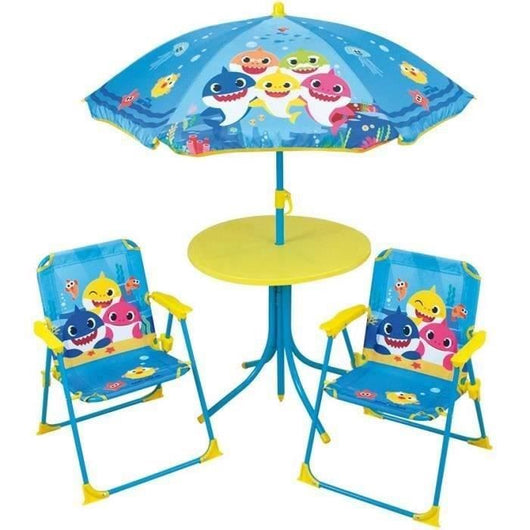 FUN HOUSE Baby Shark Mobili da giardino - 1 tavolo H.46x46 cm, 2 sedie H.53xL.38.5xP.37.5 cm e 1 ombrellone H.125 x 100 cm