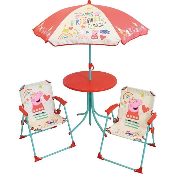 FUN HOUSE Peppa Pig Mobili da giardino - 1 tavolo H.46x46cm, 2 sedie H.53xL.38.5xP.37.5 cm e 1 ombrellone H.125 x 100 cm - Per bambini