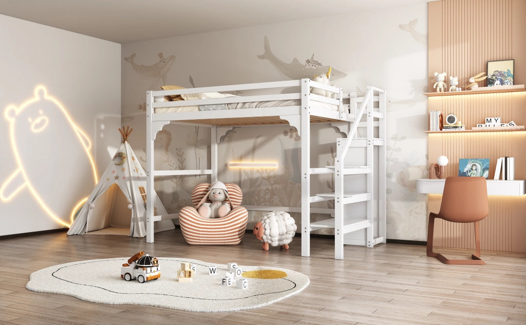 LETTO A CASTELLO ALTO 140x200 cm Bianco in pino con armadio e scala contenitore