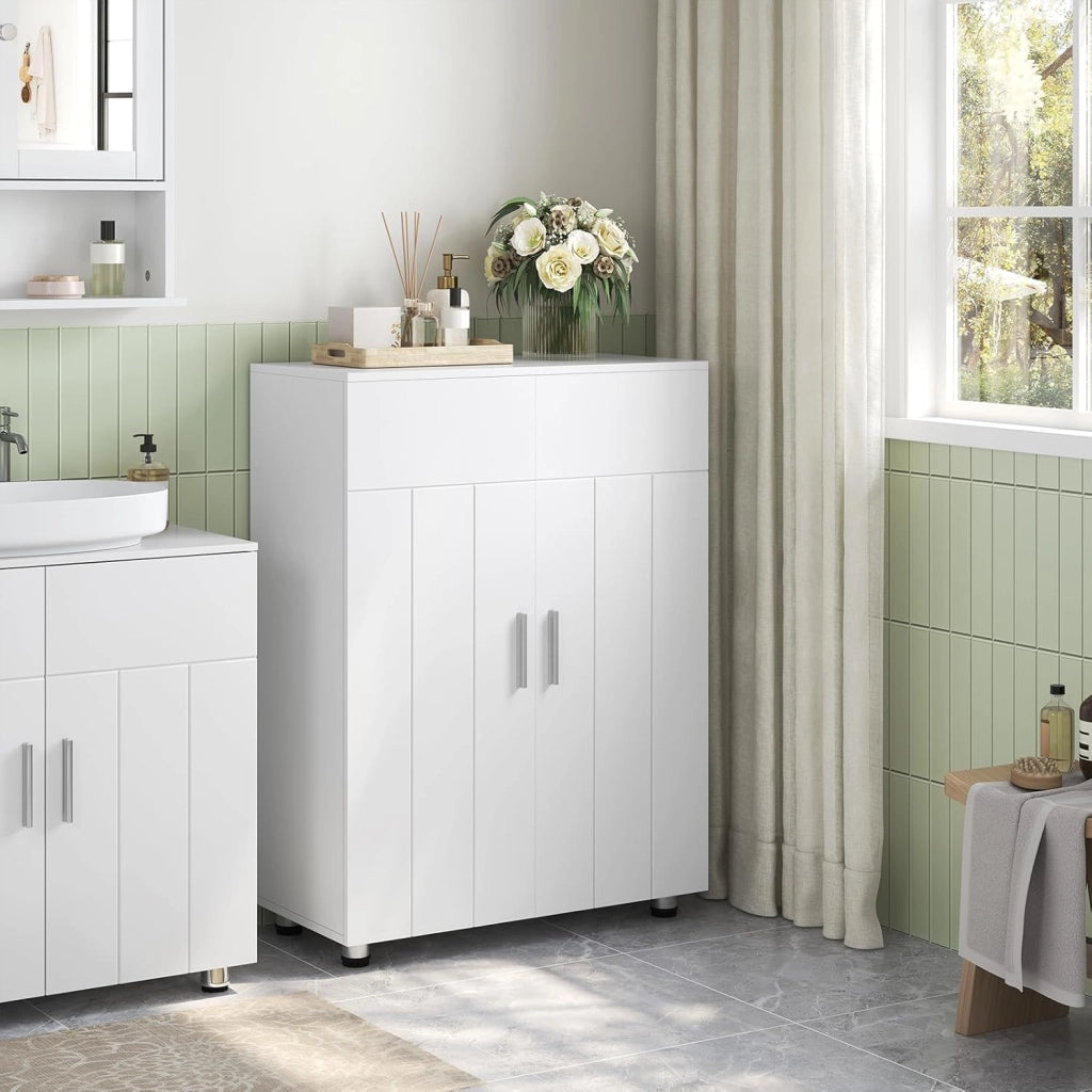 Armadietto da Bagno con Ripiani Regolabili, Mobiletto Multiuso con 3 Scomparti, Maniglie e Ante, Organizzatore per Cucina, Ingresso, Soggiorno, in MDF e Metallo, Bianco