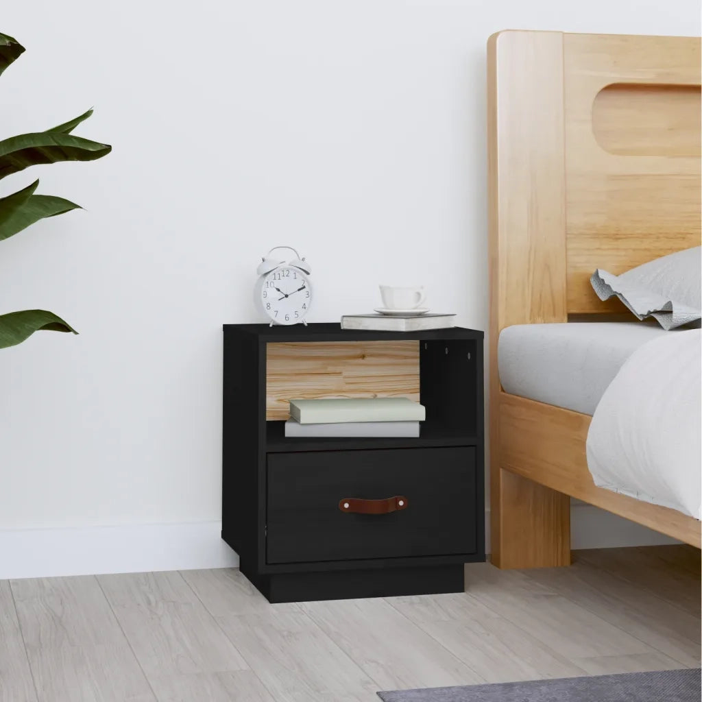 Comodino | Armadio da Notte | Mobiletto da notte Nero 40x34x45 cm in Legno Massello di Pino