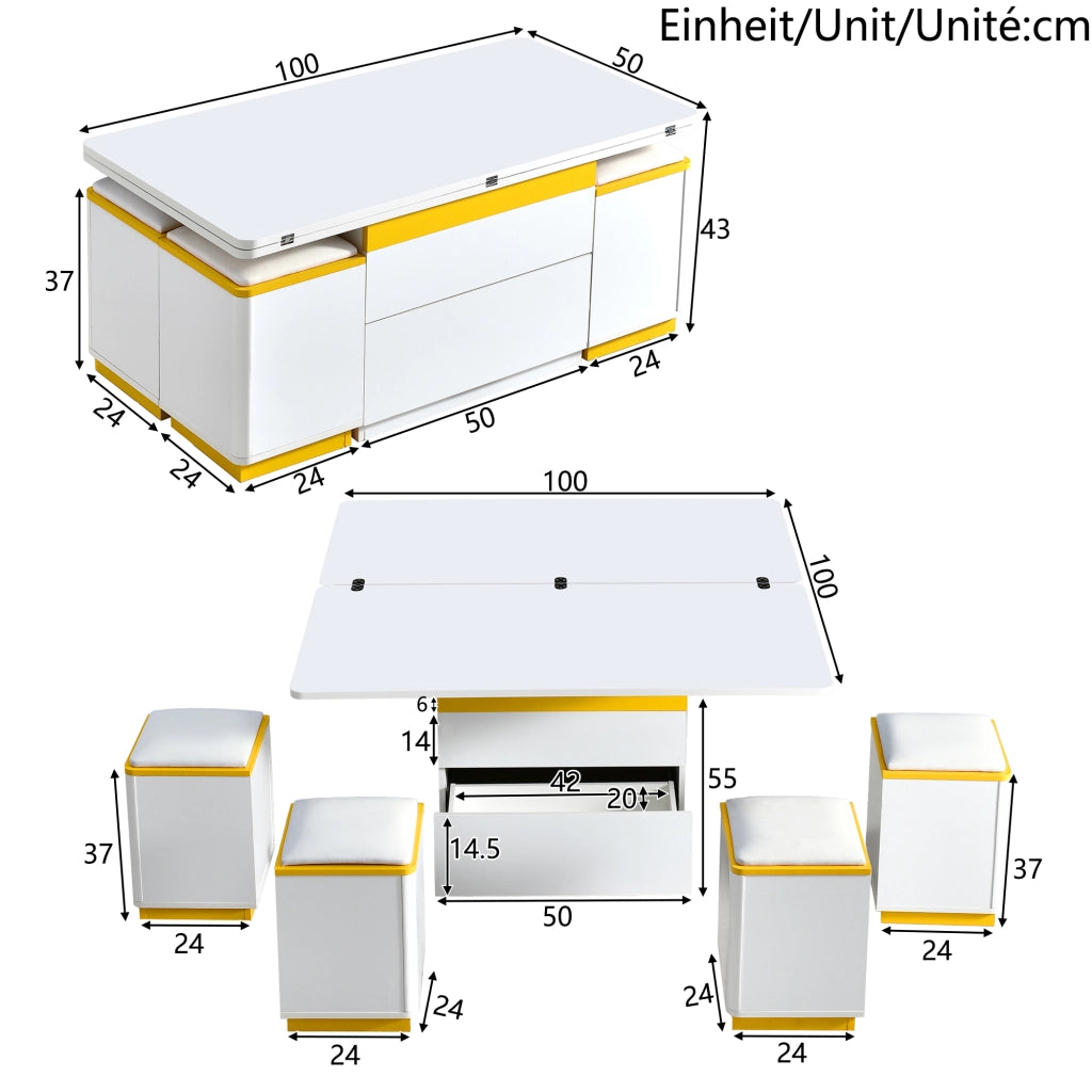 Tavolino Da Salotto Alzabile ed Estensibile con 1 Cassetto e Vani; Lucido Parziale; in MDF; Bianco Giallo