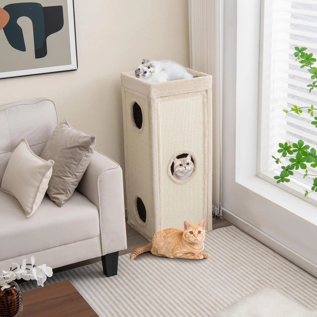 Casa per Gatti a 4 Piani, Condominio per Gatti Alto 99 cm con Trespoli per Graffiare, 3 Nascondigli e 4 Morbidi Cuscini in Peluche, Mobili per Gatti Moderni a Forma di Barile (Naturale)