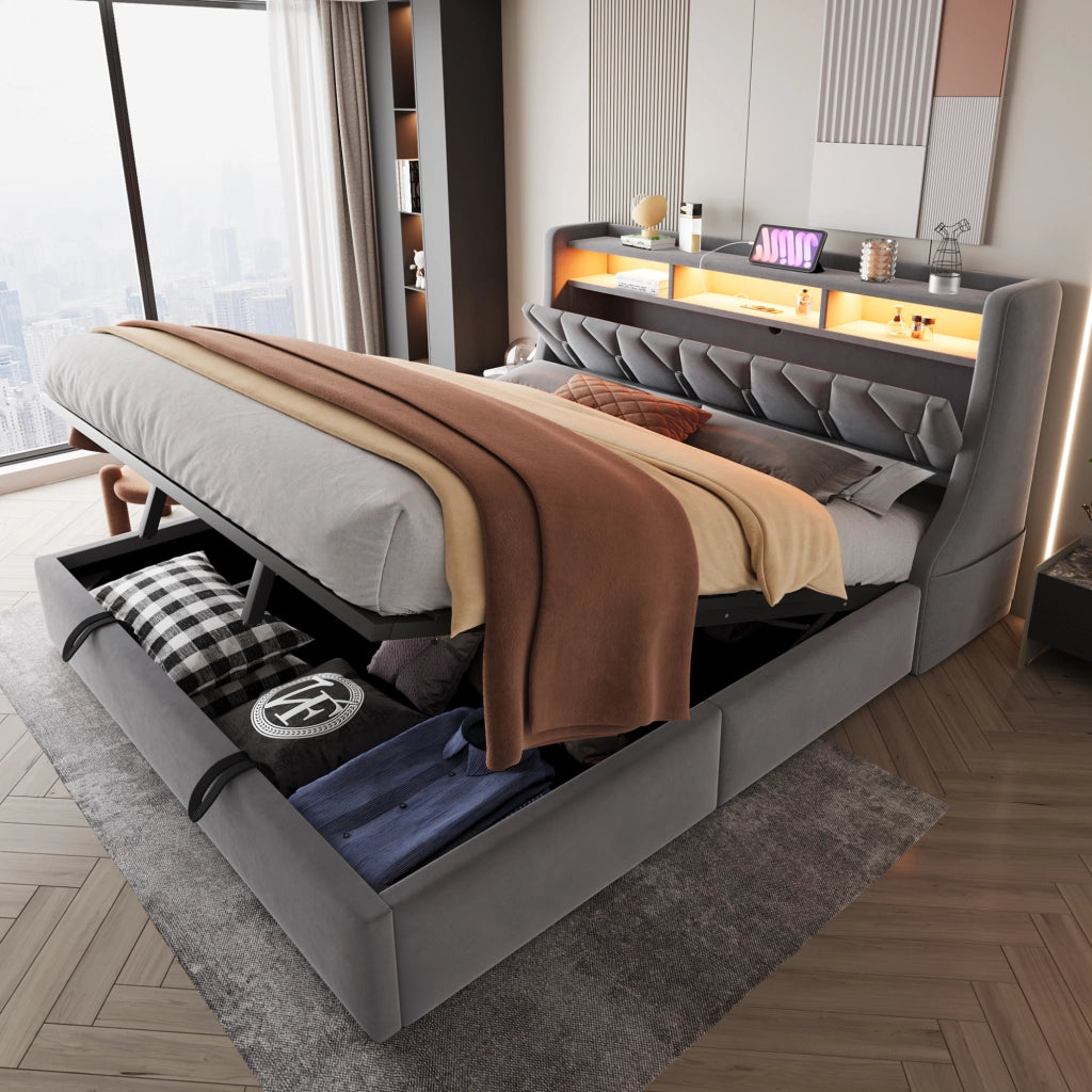 OKWISH Letto Contenitore 180×200 cm, Letto Matrimoniale con LED Regolabile, USB, Tipo C e Prese, Testiera Ribaltabile, senza Materasso, Grigio