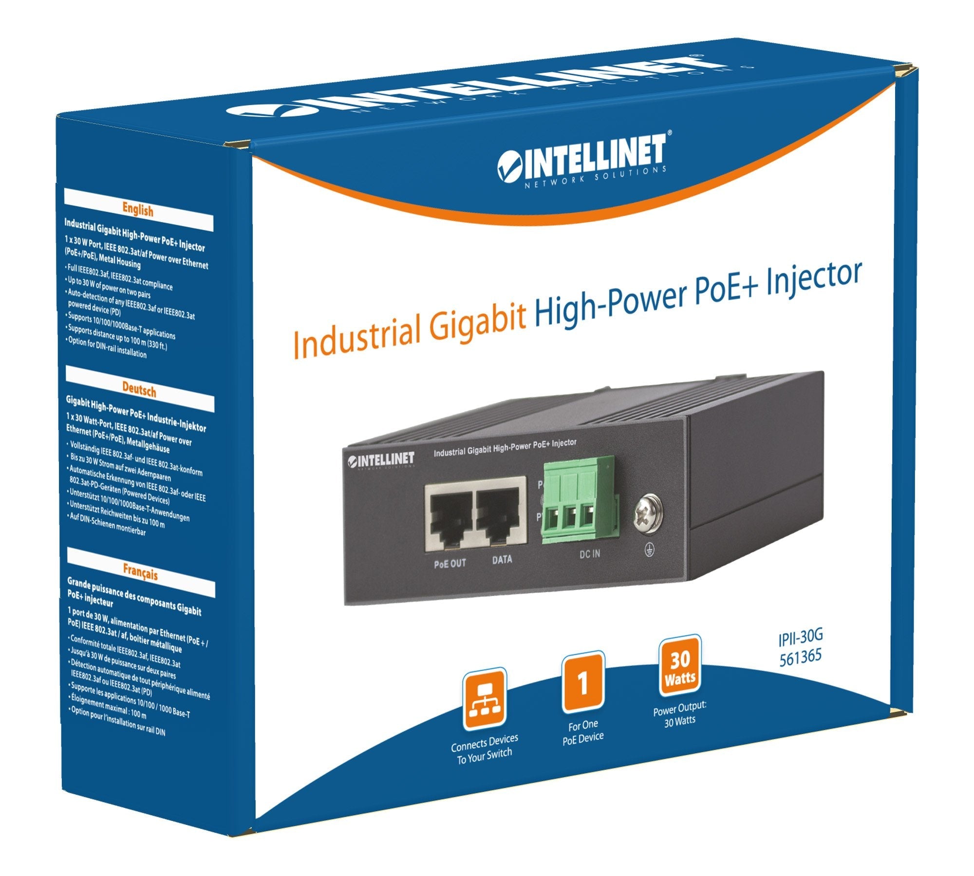 Iniettore Industriale per Guida DIN Gigabit High-Power PoE+ 30W