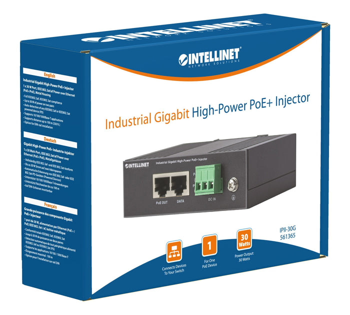 Iniettore Industriale per Guida DIN Gigabit High-Power PoE+ 30W