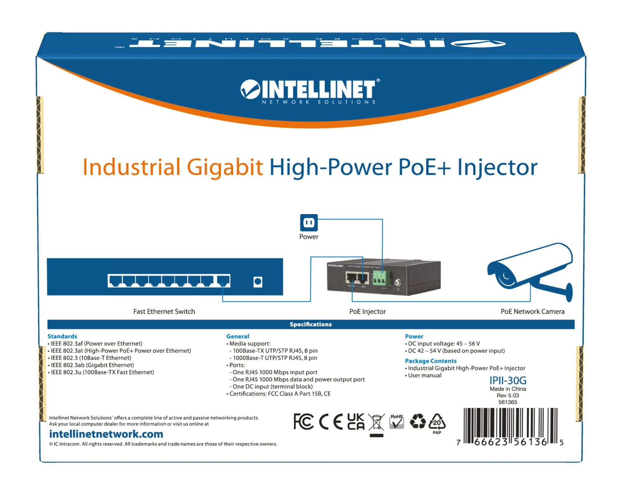 Iniettore Industriale per Guida DIN Gigabit High-Power PoE+ 30W