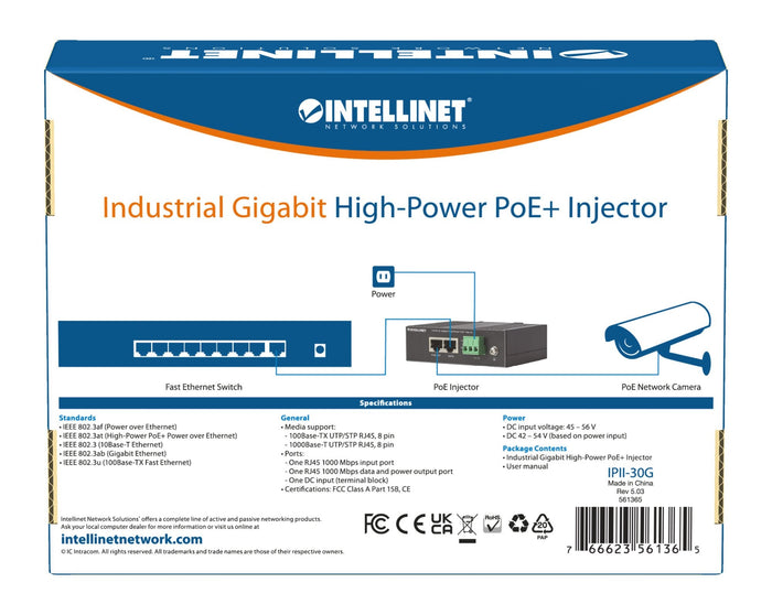 Iniettore Industriale per Guida DIN Gigabit High-Power PoE+ 30W
