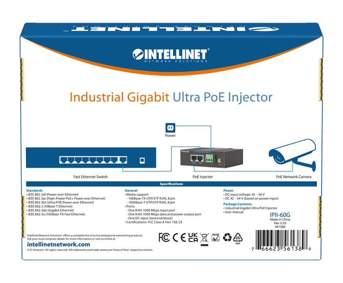 Iniettore Industriale per Guida DIN Gigabit Ultra PoE 60W