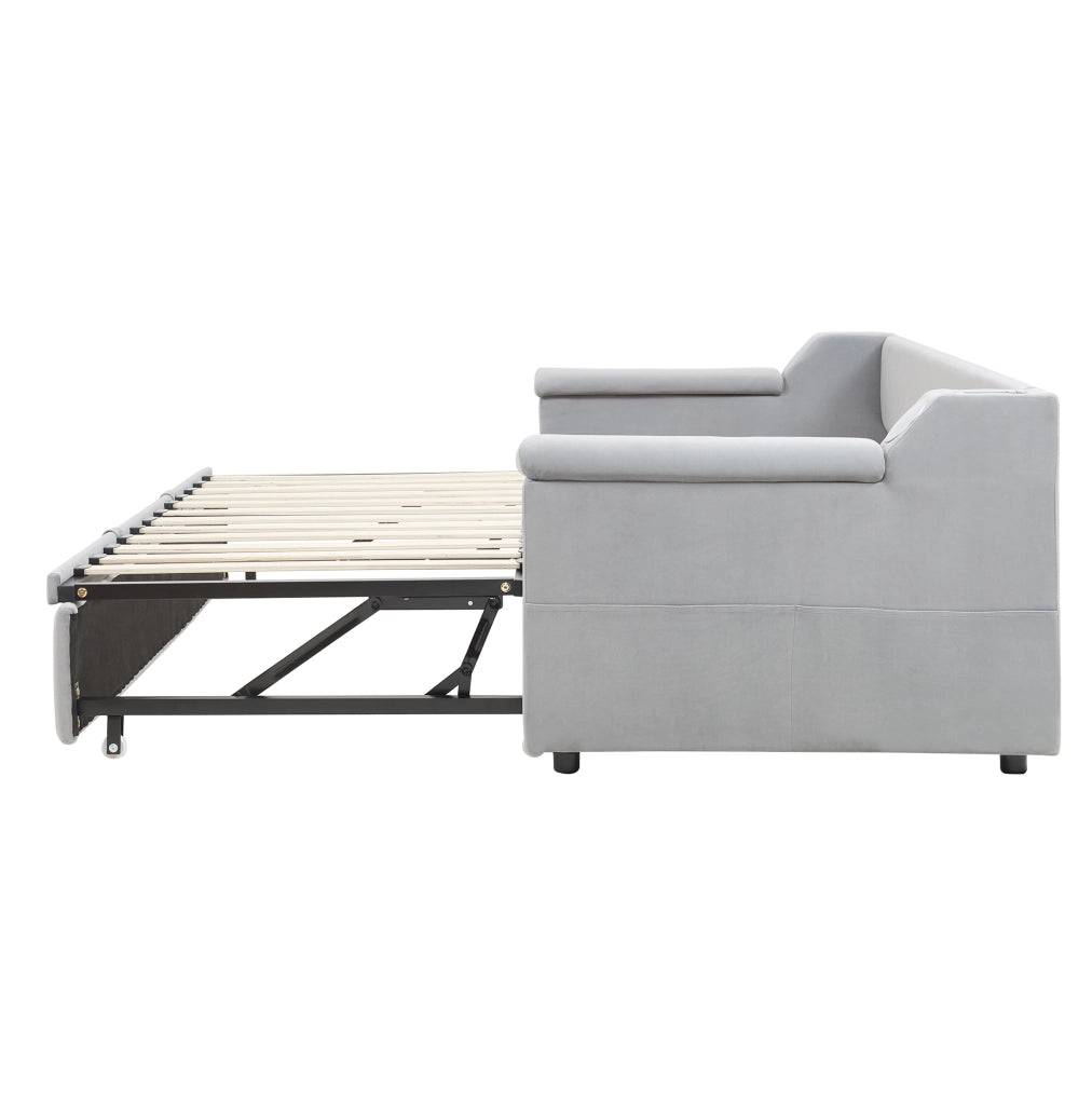 Divano letto 90x190 cm estendibile con Bluetooth; USB e vani portaoggetti in velluto grigio