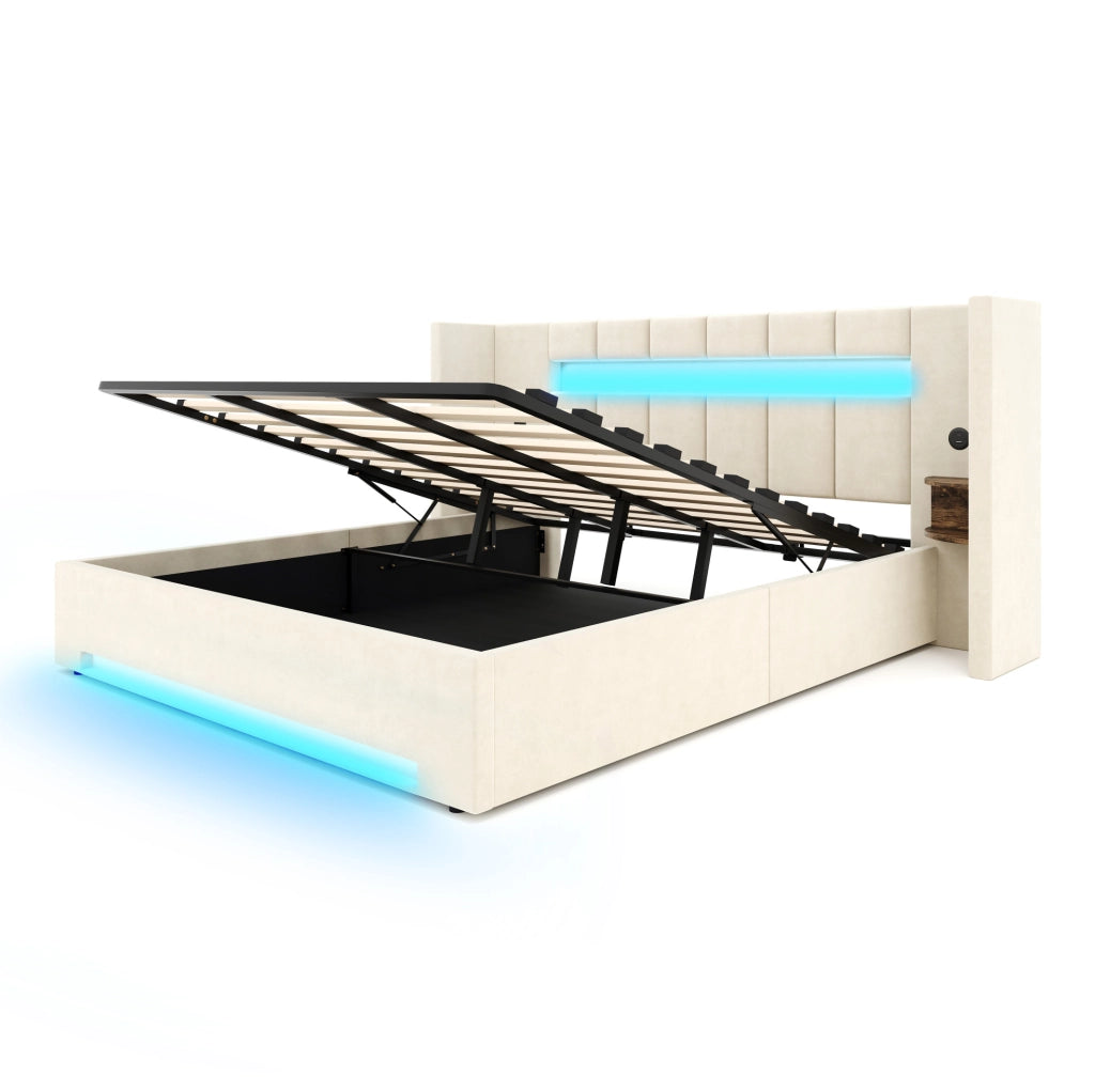 Letto 180x200 cm con contenitore; USB e LED in velluto beige