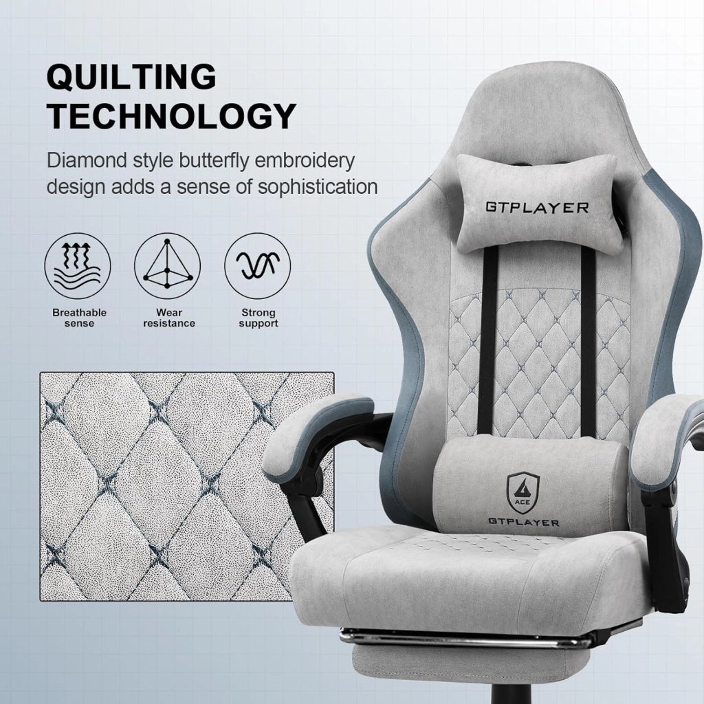 Sedia da gaming, ergonomica, da scrivania, con superficie in tessuto, cuscino a molla, braccioli di collegamento e poggiapiedi, Grigio