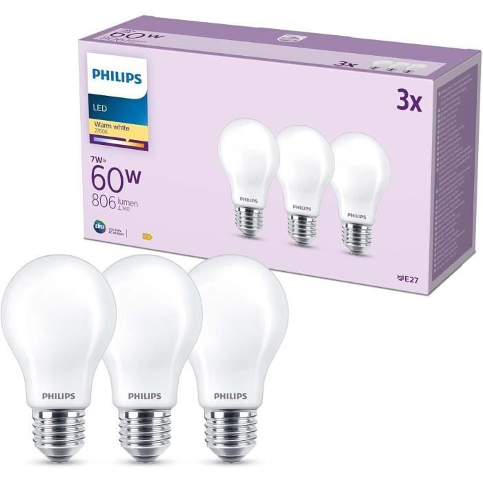 Lampadina LED - PHILIPS - Classica - 60 W - A60 E27 - Bianco caldo - Non dimmerabile x 3