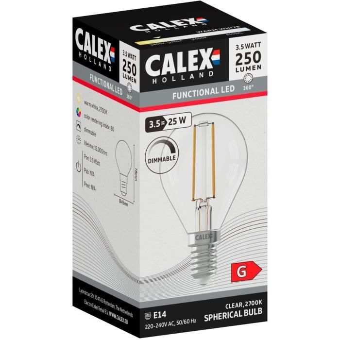 Lampadina LED E14 - CALEX - BALL P45 - Filamento dritto - 3,5 W - 250 lm - 2700 K - Dimmerabile - Trasparente