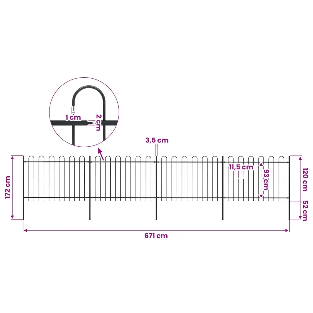 Recinzione da Giardino con Parte Superiore ad Anello in Acciaio 671x120 cm Nero 277668