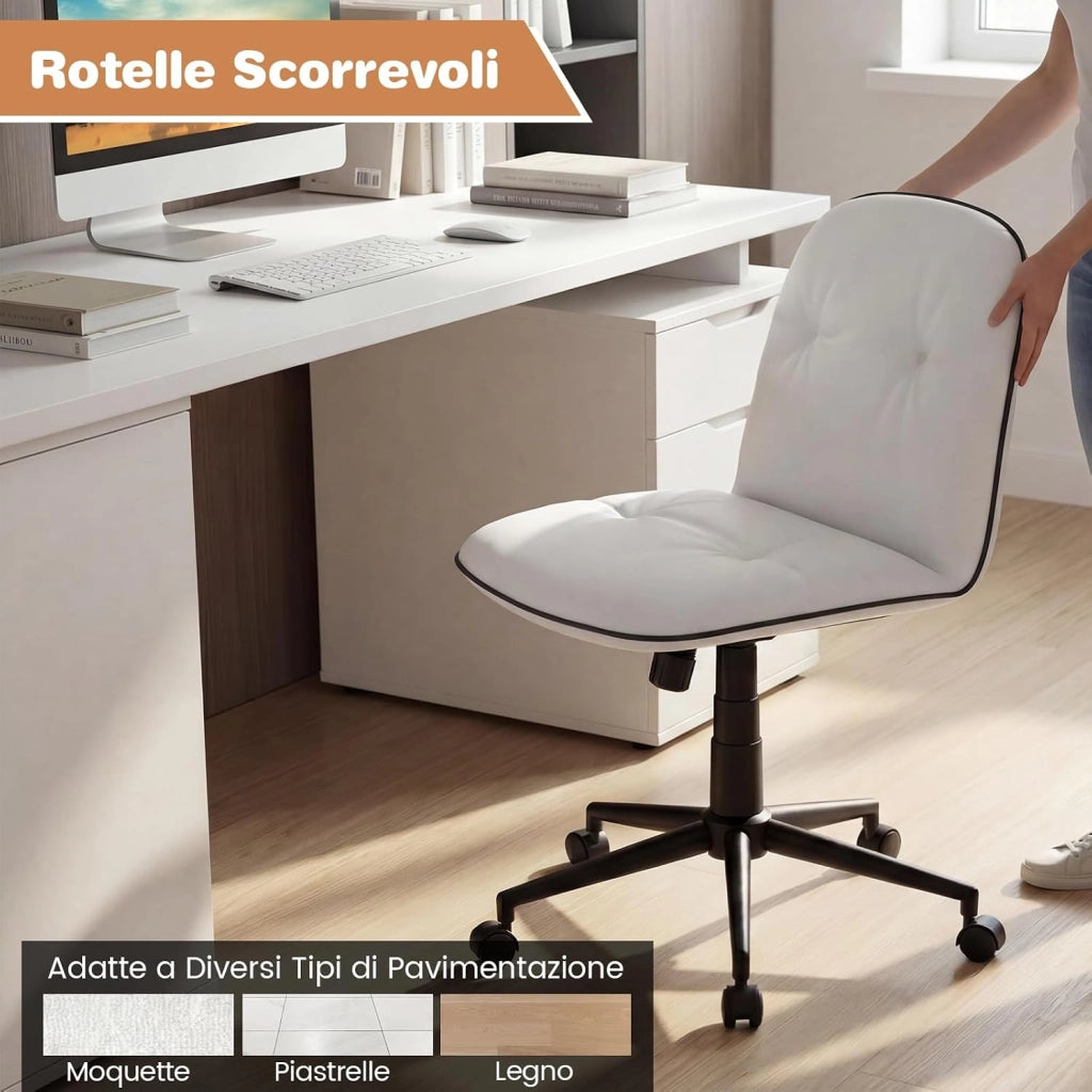 Sedia Scrivania Girevole a 360°, con Altezza Regolabile, Funzione Dondolo e Ruote Scorrevoli, Poltrona Ufficio Salvaspazio, Portata 112 kg (Bianco)