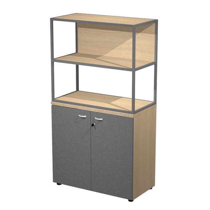 Libreria a 2 vani con struttura metallica sovrapposta ad armadio basso completo di ante battenti cm. 90x46x165h