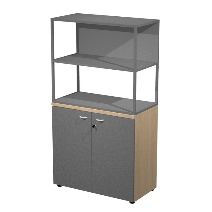 Libreria a 2 vani con struttura metallica sovrapposta ad armadio basso completo di ante battenti cm. 90x46x165h