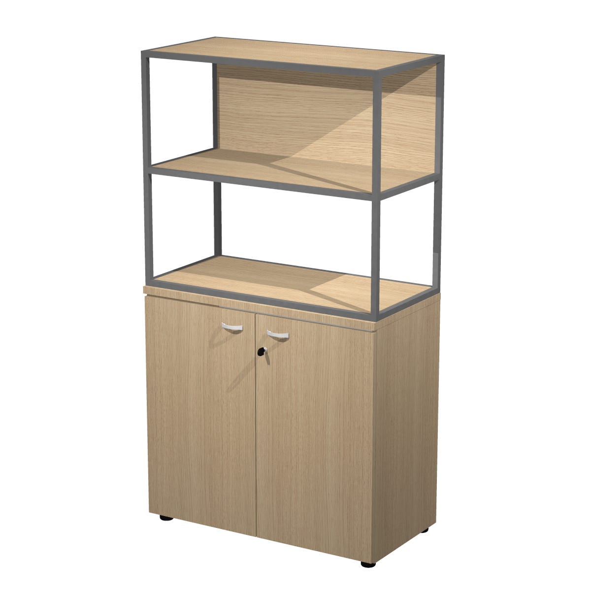 Libreria a 2 vani con struttura metallica sovrapposta ad armadio basso completo di ante battenti cm. 90x46x165h