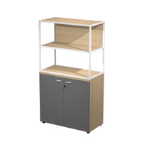 Libreria a 2 vani con struttura metallica sovrapposta ad armadio basso completo di ante battenti cm. 90x46x165h