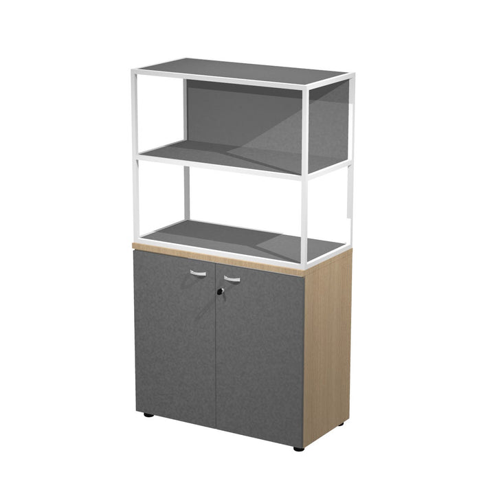 Libreria a 2 vani con struttura metallica sovrapposta ad armadio basso completo di ante battenti cm. 90x46x165h