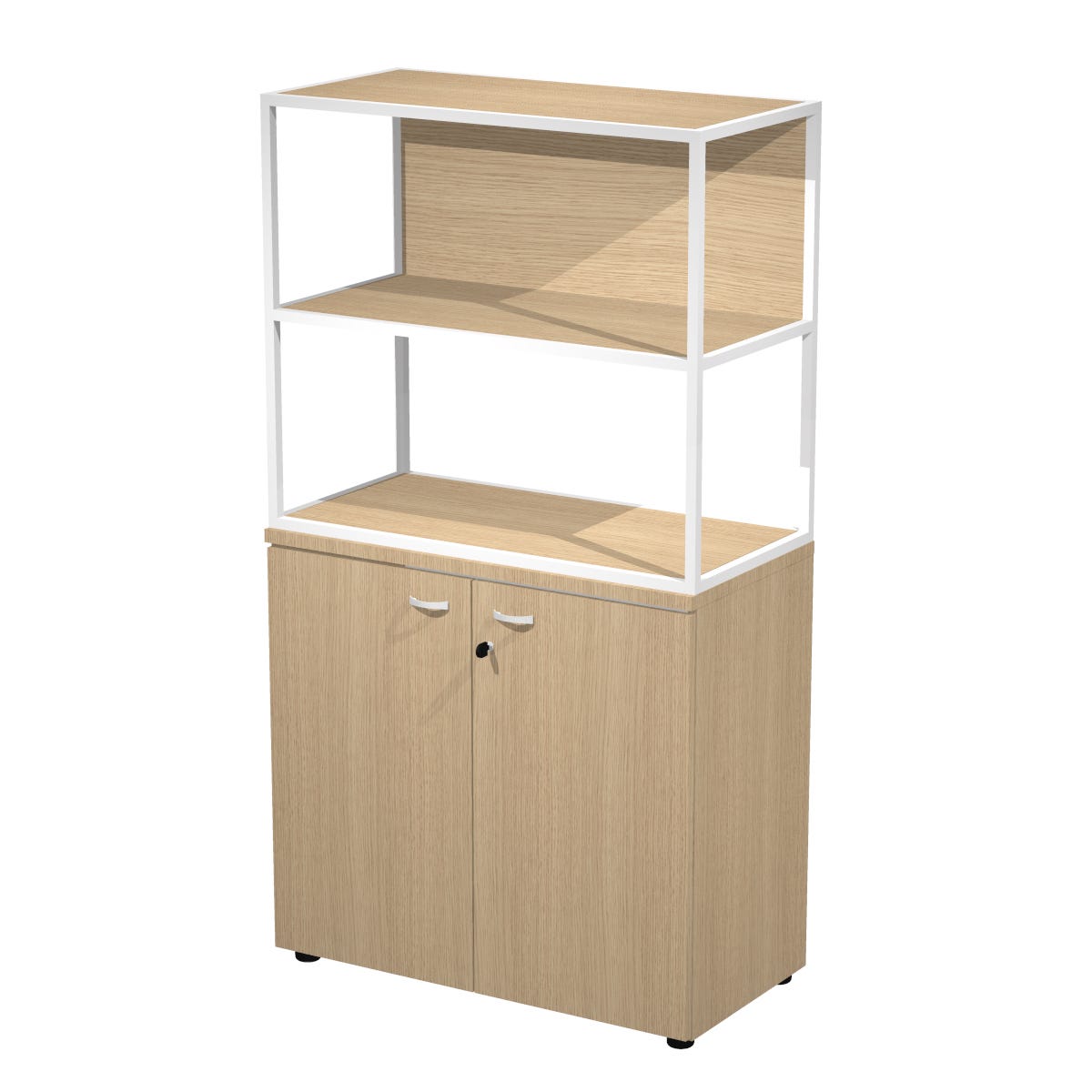 Libreria a 2 vani con struttura metallica sovrapposta ad armadio basso completo di ante battenti cm. 90x46x165h
