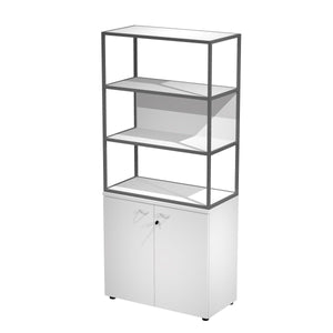Libreria alta con 3 vani, struttura in metallo sovrapposta ad armadio con ante battenti e serratura cm. 90x46x204h