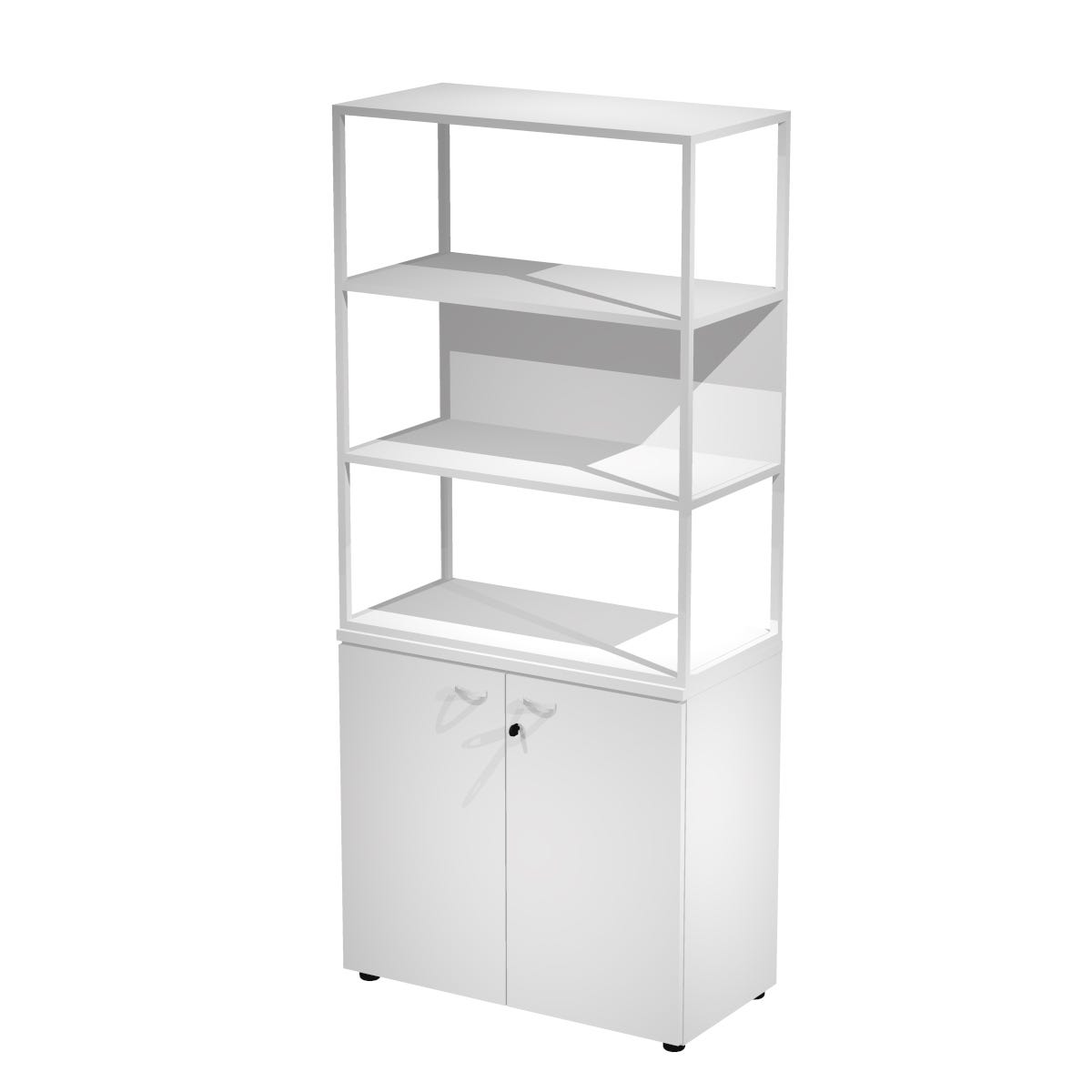 Libreria alta con 3 vani, struttura in metallo sovrapposta ad armadio con ante battenti e serratura cm. 90x46x204h