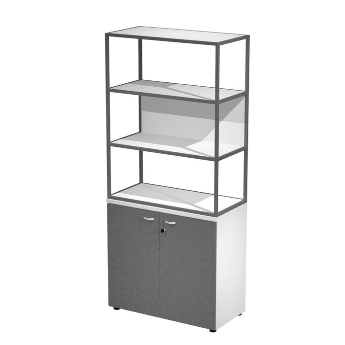 Libreria alta con 3 vani, struttura in metallo sovrapposta ad armadio con ante battenti e serratura cm. 90x46x204h
