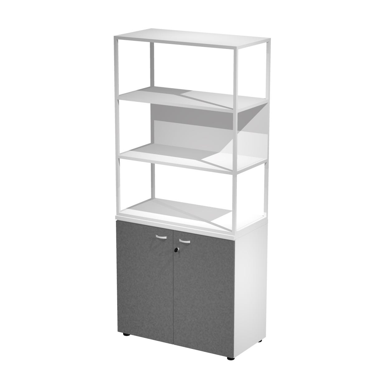 Libreria alta con 3 vani, struttura in metallo sovrapposta ad armadio con ante battenti e serratura cm. 90x46x204h